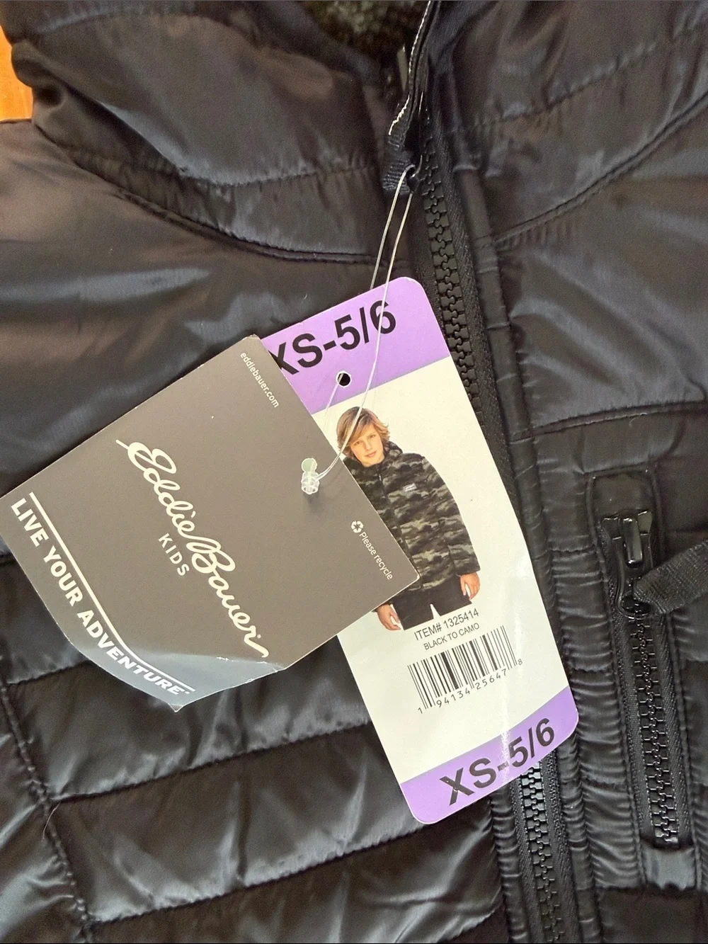 Eddie Bauer Kids Black Quilted Hooded Puffer reversible camo Coat size 5/6